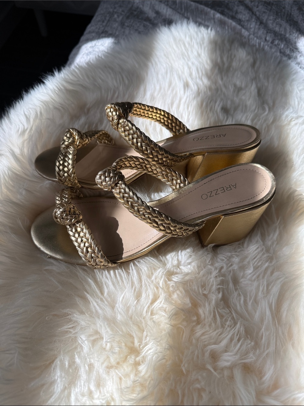 Arezzo Metallic Gold Braided-Strap Heeled Mules